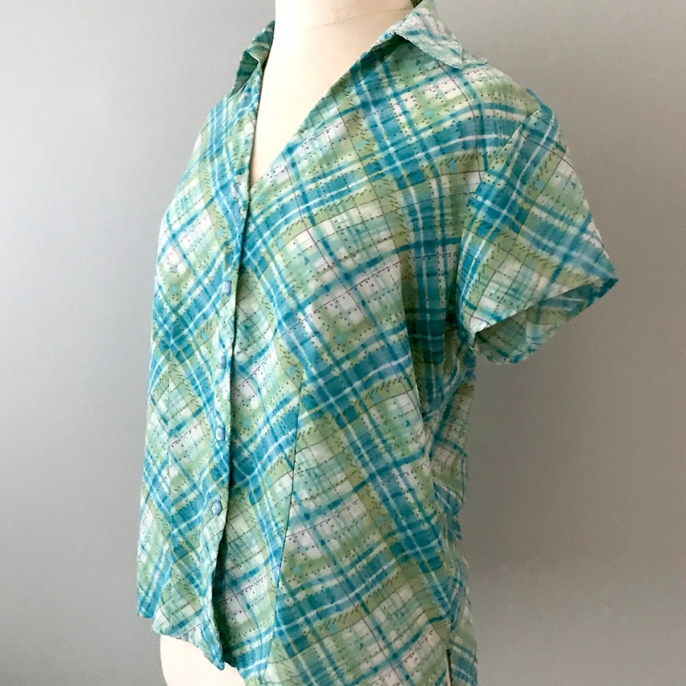 Teal Plaid Button-Down Blouse Small